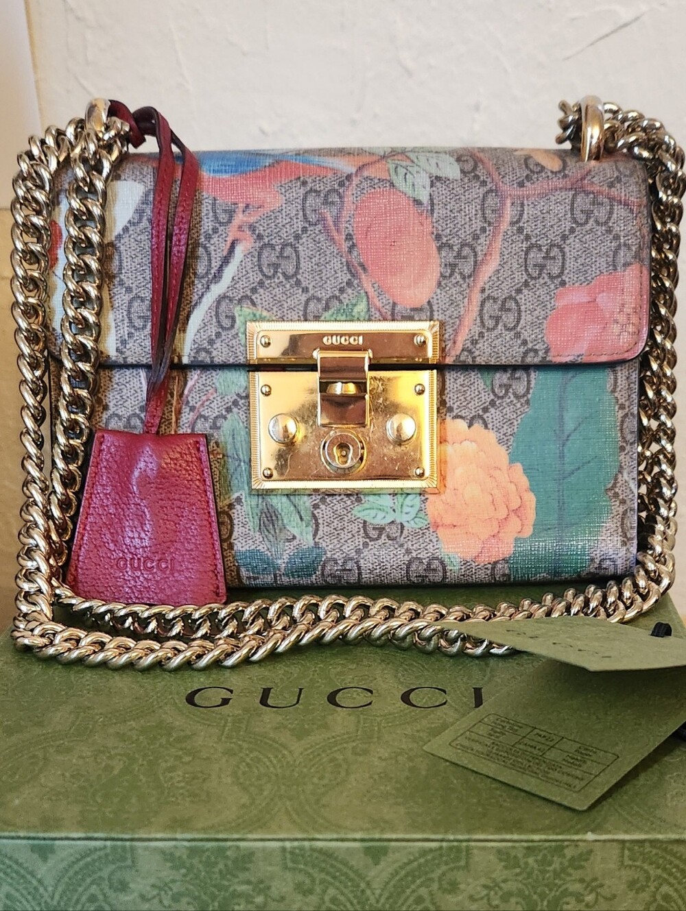 GUCCI Tian Supreme GG Coated Canvas and Leather Padlock Bag